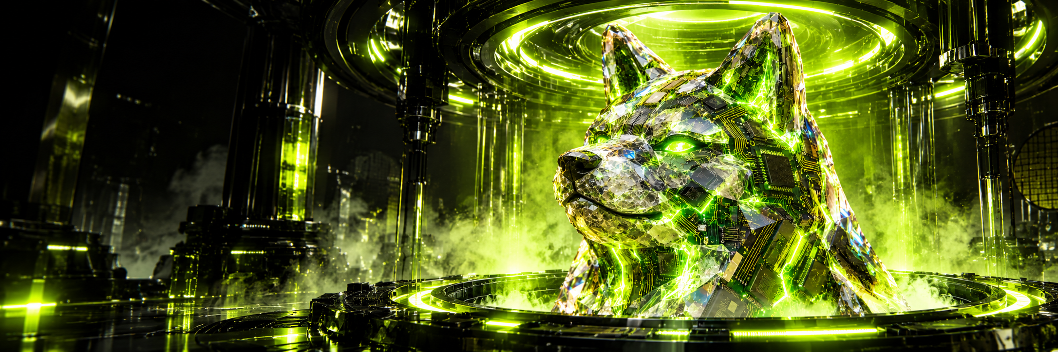 Silicon Inu awakening inside a glowing fabrication chamber