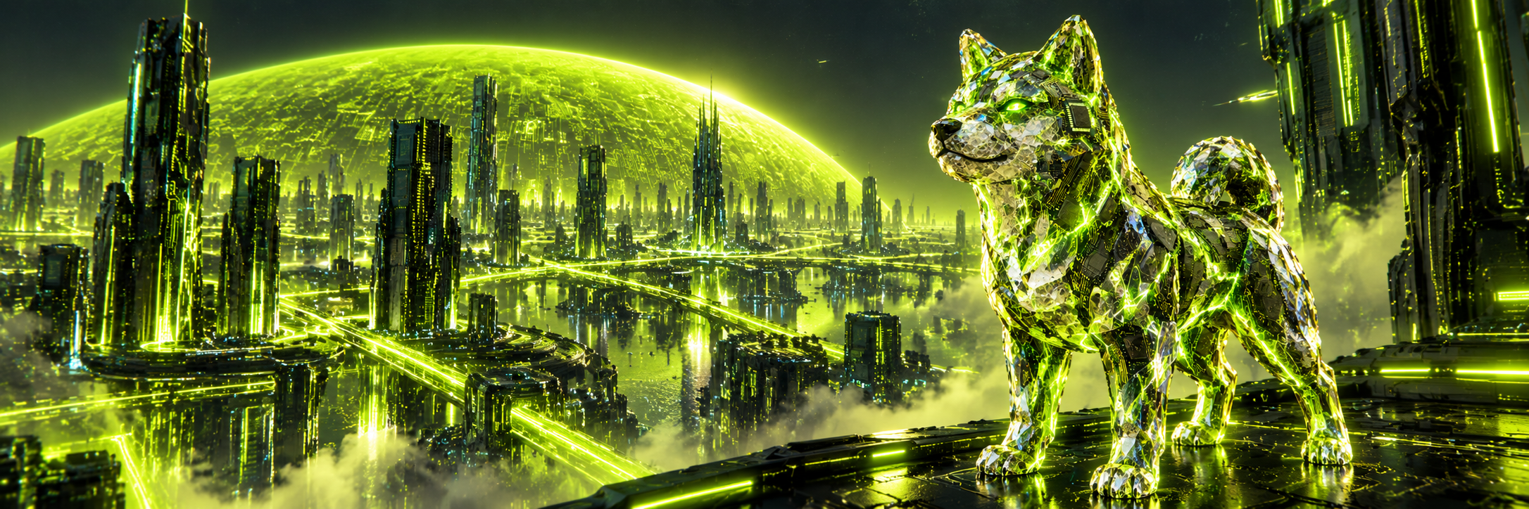 Silicon Inu overlooking a vast connected silicon city